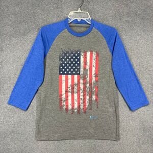 One World Raglan‎ T Shirt American Flag Graphic Blue Gray Baseball Tee Adult S